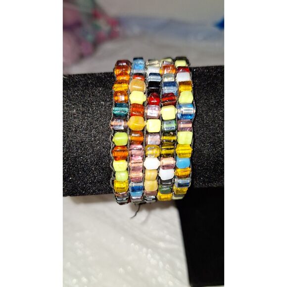 Artsy Glass Beaded Stretch Bracelet Hippie Boho Colorful Woven Handmade - Picture 2 of 7